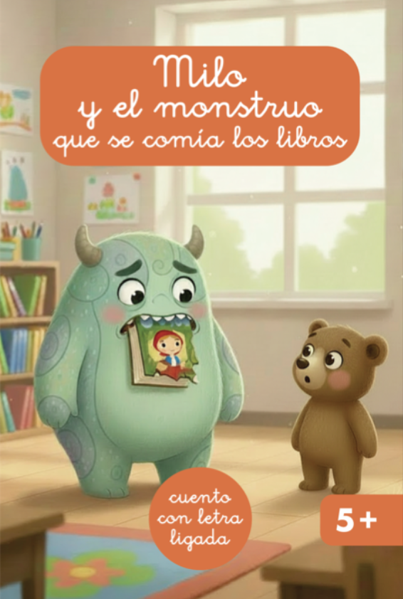 Milo y el monstruo que se comía los libros. Cuento para aprender a leer con letra ligada para niños de 5 a 6 años.